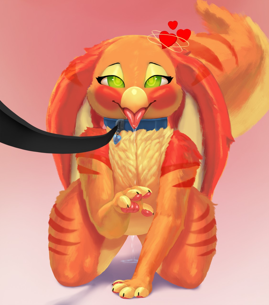 &lt;3 anthro aroused avian big_ears bodily_fluids collar drooling female genital_fluids gryphon hi_res leash mango_(mangobird) mythological_avian mythology pussy_juice saliva solo teacup_gryphon thick_thighs thousandfoldfeathers