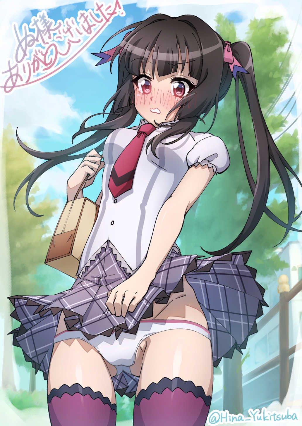 1girl bag black_hair blush breasts clothes_lift commentary_request hair_ribbon highres long_hair medium_breasts necktie outdoors panties pink_ribbon purple_legwear red_eyes red_necktie ribbon senki_zesshou_symphogear shirt skirt skirt_lift translation_request tsukuyomi_shirabe twintails twitter_username underwear white_panties white_shirt yukitsuba_hina