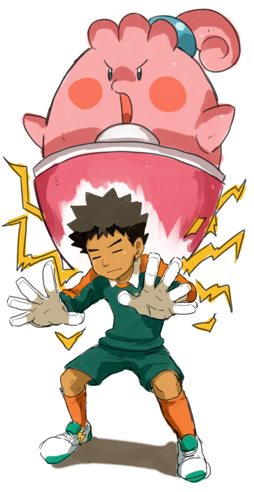 1boy arms_up blue_eyes blush_stickers brock_(pokemon) brown_hair closed_eyes closed_mouth collared_shirt commentary_request cosplay egg electricity gloves green_shirt green_shorts hands_up happiny kinashi kneehighs lightning_bolt_symbol male_focus open_mouth orange_legwear pokemon pokemon_(creature) pokemon_(game) pokemon_rgby shirt shoes short_hair shorts simple_background sketch soccer_uniform spiked_hair sportswear spread_fingers tachimukai_yuuki tachimukai_yuuki_(cosplay) v-shaped_eyebrows white_background white_footwear white_gloves