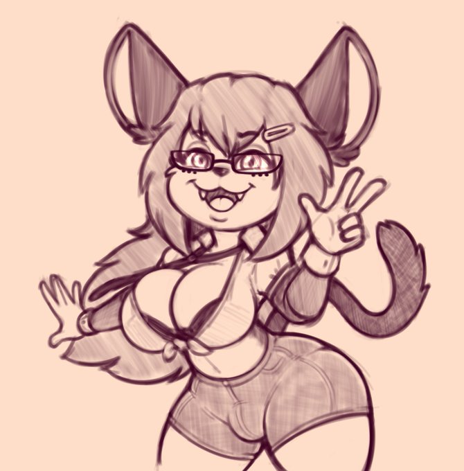 anthro bottomwear bra breasts bulge cleavage clothed clothing domestic_cat eyewear fangs felid feline felis gesture glasses gynomorph herm humanoid intersex mammal navel necktie purple_eyes shorts smile solo stunnerpony tuxie underwear v_sign