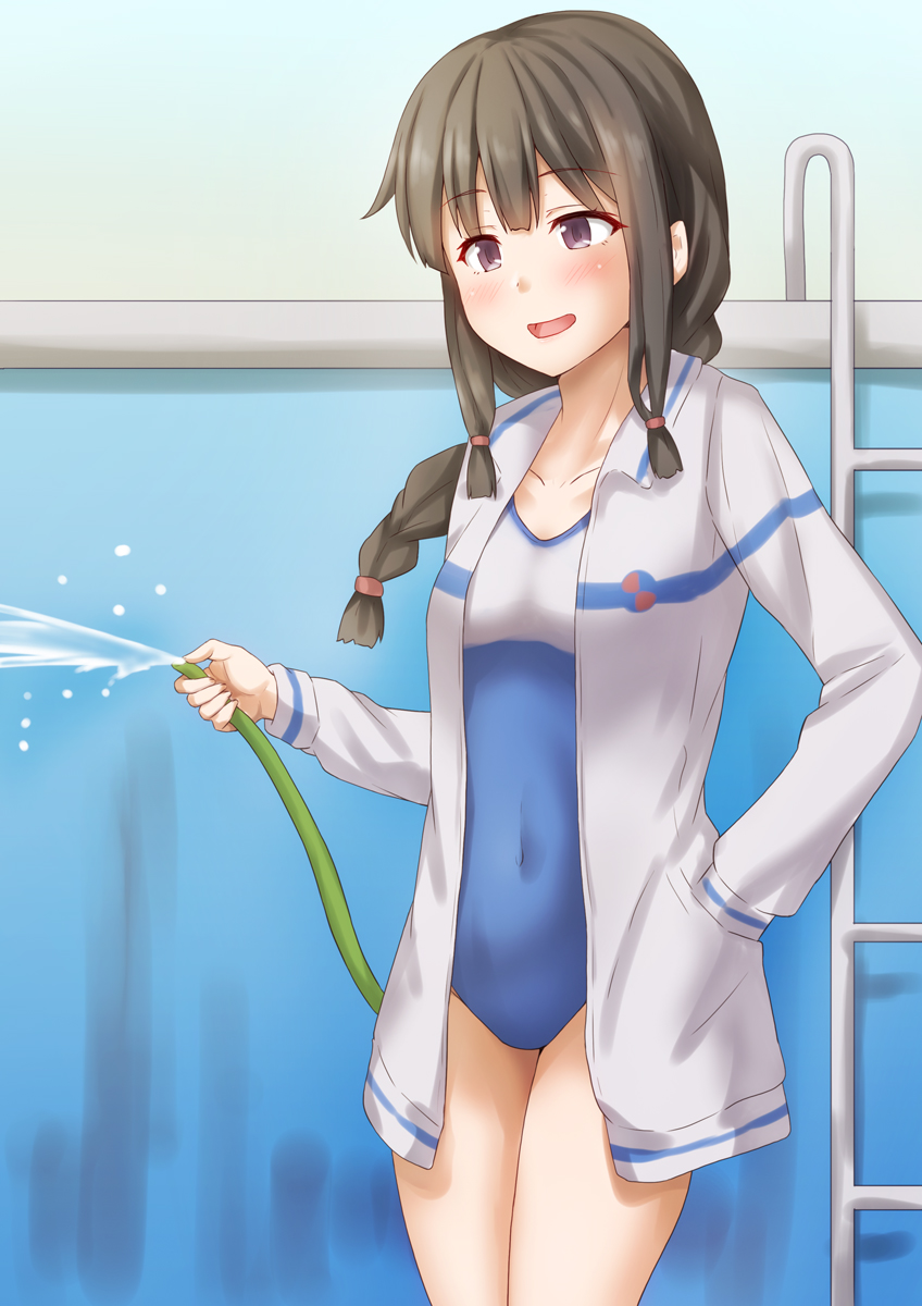 1girl alternate_costume anti_(untea9) black_hair blue_swimsuit braid brown_eyes cleaning collarbone competition_school_swimsuit competition_swimsuit cover cowboy_shot day flat_chest hair_over_shoulder hand_in_pocket high_school_fleet highres hose jacket kantai_collection kitakami_(kancolle) long_hair long_sleeves looking_at_another one-piece_swimsuit open_mouth pool pool_ladder poolside single_braid smile solo swimsuit two-tone_swimsuit water white_jacket white_swimsuit