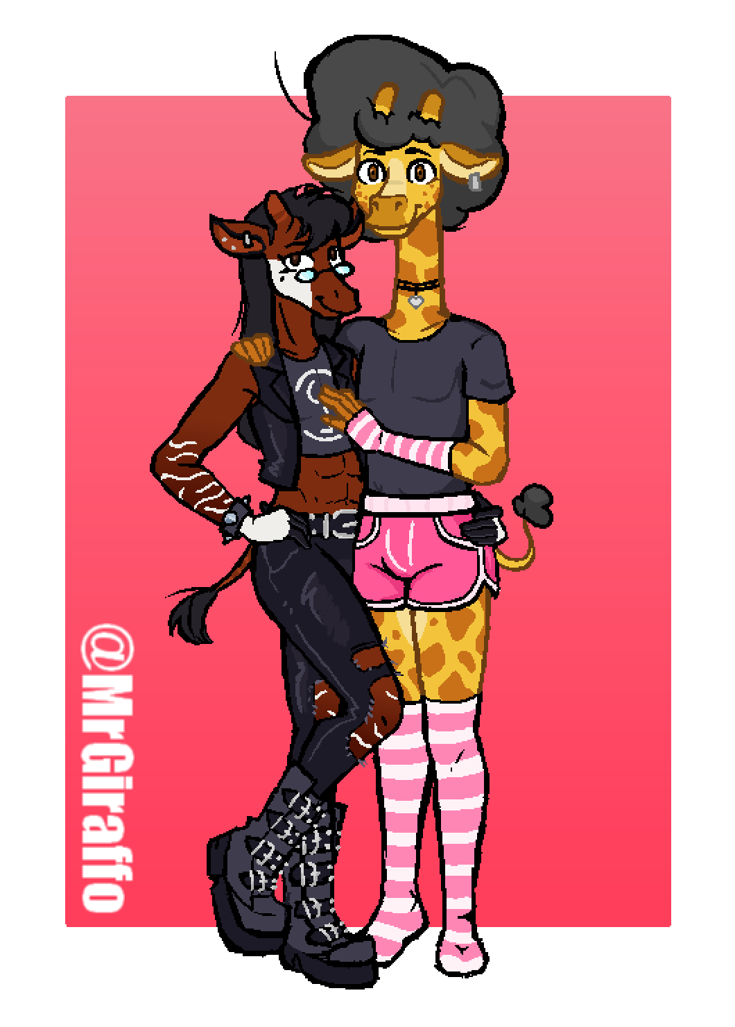 &lt;3 afro ambiguous_gender anthro arm_warmers armwear belt black_hair boots bottomwear brown_body brown_eyes brown_fur clothing duo ear_piercing eyewear floppy_ears footwear fur giraffe giraffid giraffo_(mrgiraffo) girly glasses gym_bottomwear gym_clothing gym_shorts hair hi_res horn jacket jewelry leg_warmers legwear long_hair long_neck male mammal mrgiraffo okapi ossicone pablopoquel_(animaanimals) piercing punk shorts simple_background smile spikes spots striped_arms striped_body striped_legs stripes topwear yellow_body yellow_fur