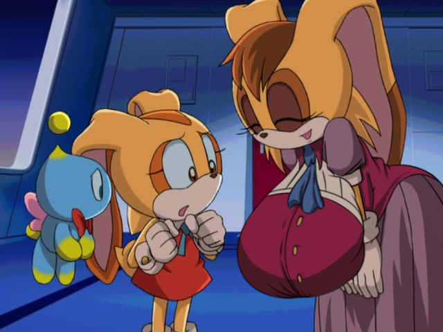 4:3 anthro big_breasts bow_tie breasts chao_(sonic) cheese_the_chao conditional_dnp cream_the_rabbit digitaldomain123 edited_screencap female group huge_breasts lagomorph leporid mammal rabbit sega sonic_the_hedgehog_(series) trio vanilla_the_rabbit