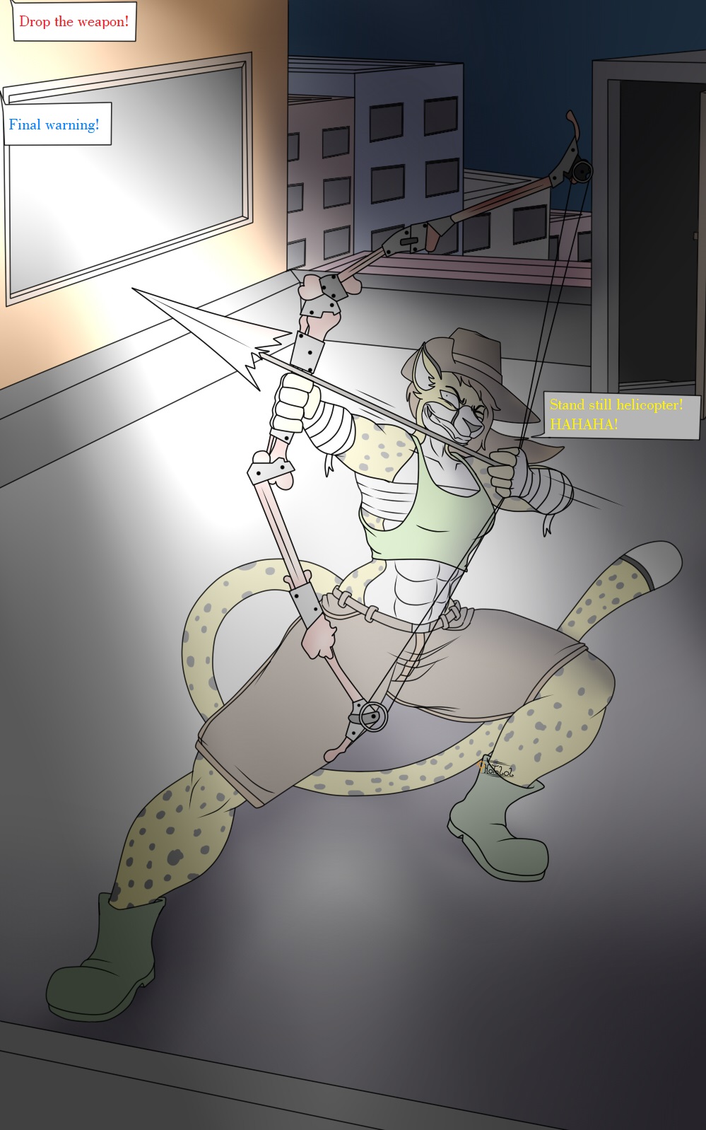 anthro boots bow_(weapon) cheetah city city_background clothed clothing dialogue felid feline female female/female footwear hi_res jessica(photolol.03) mammal muscular muscular_anthro muscular_female photolol.03 police ranged_weapon simple_background smile solo weapon