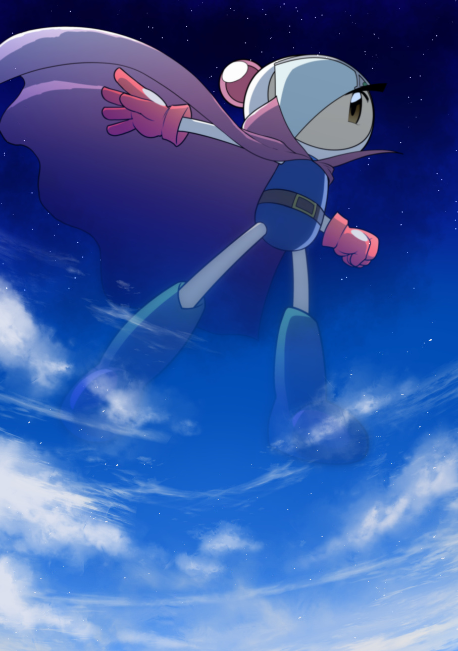 1boy arm_up belt blue_footwear blue_leotard blue_sky blue_theme bodysuit bomberman bomberman_jetters boots brown_eyes cape clenched_hand cloud commentary_request day floating full_body giant giant_male gloves high_collar highres knee_boots leotard looking_at_viewer male_focus mighty_(bomberman) one_eye_covered outdoors outstretched_arm partial_commentary red_cape red_gloves saboten7 sky solo star_(sky) thick_eyebrows white_bodysuit