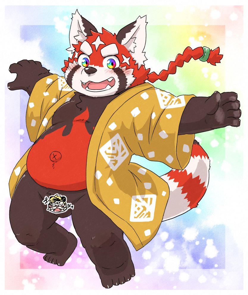 2022 ailurid anthro balls belly blush brown_body censored genitals humanoid_hands kemono kota&acute; lifewonders male mammal moobs navel overweight overweight_male red_body red_panda solo tokyo_afterschool_summoners video_games young zhurong_(tas)