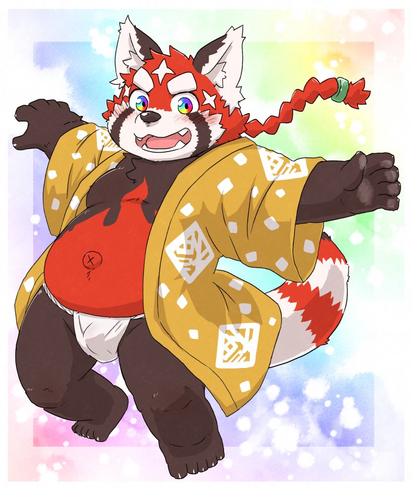2022 ailurid anthro asian_clothing belly blush brown_body clothing east_asian_clothing fundoshi humanoid_hands japanese_clothing kemono kota&acute; lifewonders male mammal moobs navel overweight overweight_male red_body red_panda solo tokyo_afterschool_summoners underwear video_games white_clothing white_fundoshi white_underwear young zhurong_(tas)