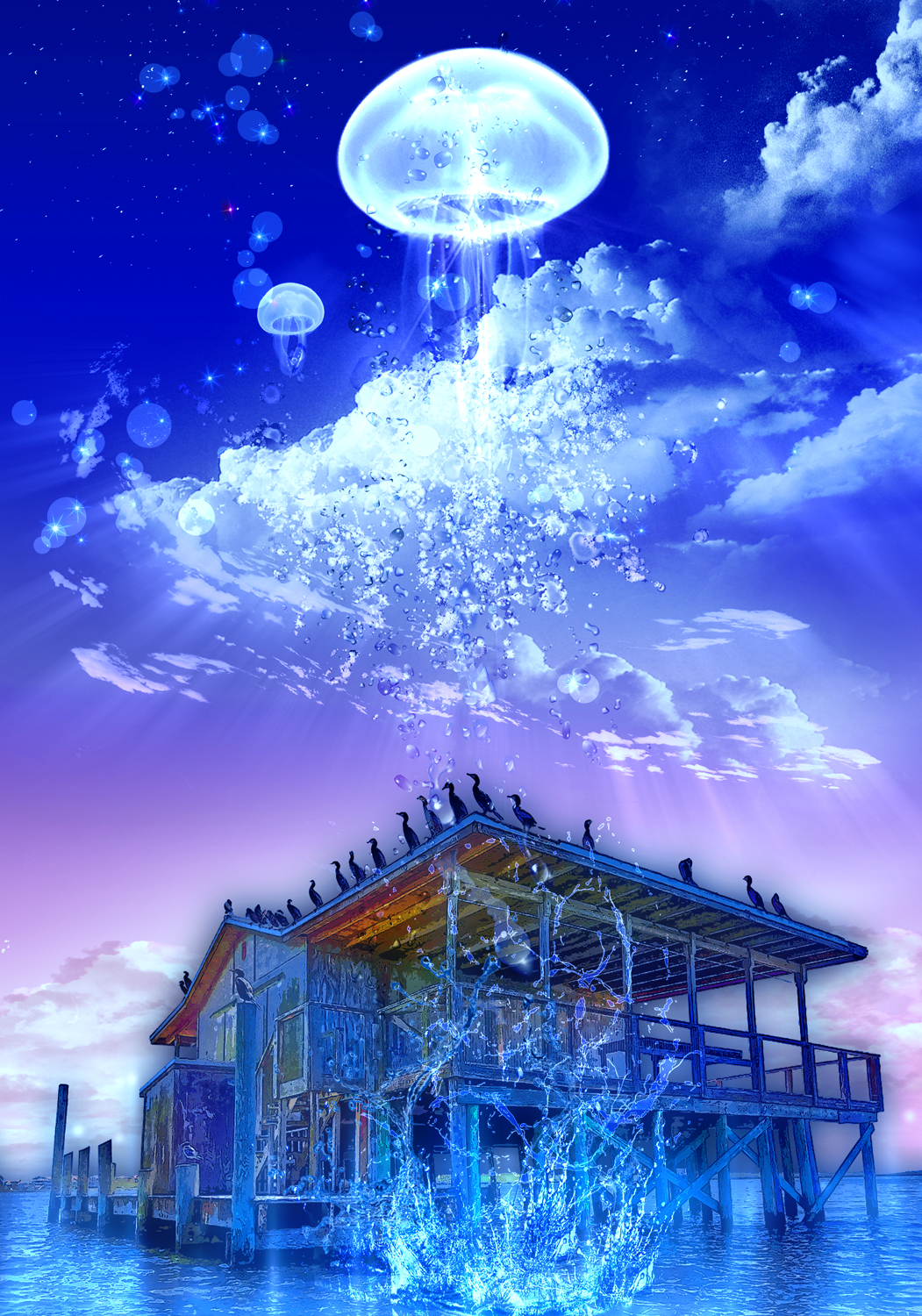 bird blue_sky cloud cloudy_sky fantasy highres house jellyfish little_pine ocean original purple_sky scenery sky water wooden_house