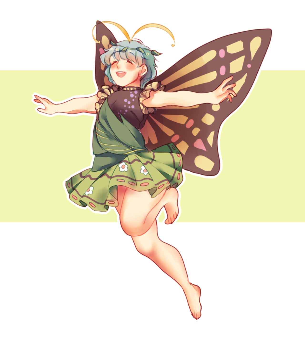 1girl antennae aqua_hair barefoot blush butterfly_wings closed_eyes dress eternity_larva eyebrows_visible_through_hair fairy green_dress highres leaf leaf_on_head multicolored_clothes multicolored_dress open_mouth orz_(kagewaka) outstretched_arms short_hair short_sleeves smile solo spread_arms touhou wings