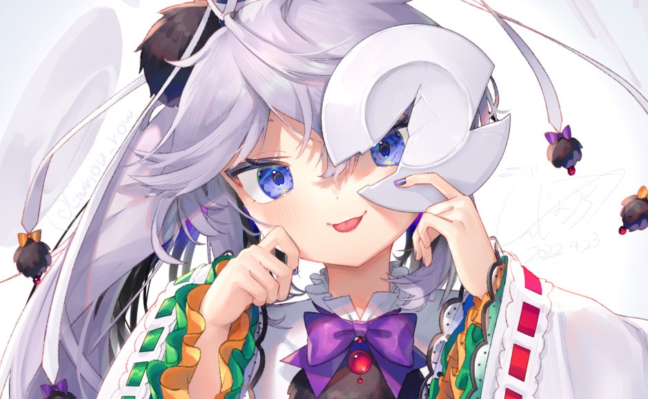1girl :p blue_eyes blush bow bowtie broken_plate frilled_sleeves frills grey_hair gunjou_row hand_on_own_cheek hand_on_own_face holding holding_plate japanese_clothes kariginu layered_sleeves long_hair looking_at_viewer mononobe_no_futo plate pom_pom_(clothes) ponytail ribbon-trimmed_sleeves ribbon_trim signature solo tongue tongue_out touhou tsurime white_background