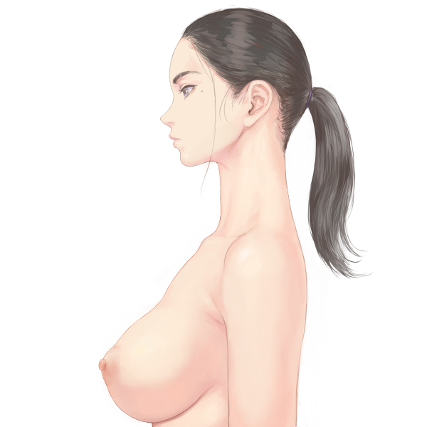 1girl black_hair breasts closed_mouth completely_nude from_side green_eyes large_breasts mole mole_under_eye nipples nude original ponytail profile shu-mai simple_background solo upper_body white_background