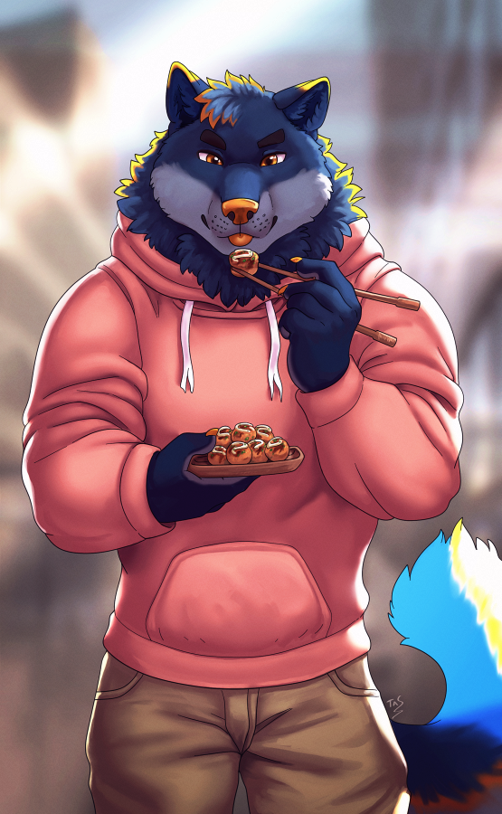 2022 5_fingers amber_eyes anthro blue_body blue_fur canid canine canis chopsticks claws clothed clothing countershade_face countershading digital_media_(artwork) eyebrows fingers food fully_clothed fur hair hoodie japanese_food khaki_pants looking_at_food looking_at_object male mammal markings neck_tuft orange_markings orange_nose orsutin pink_clothing pink_hoodie pink_topwear short_hair signature smile solo tasanko tongue tongue_out topwear tuft wolf