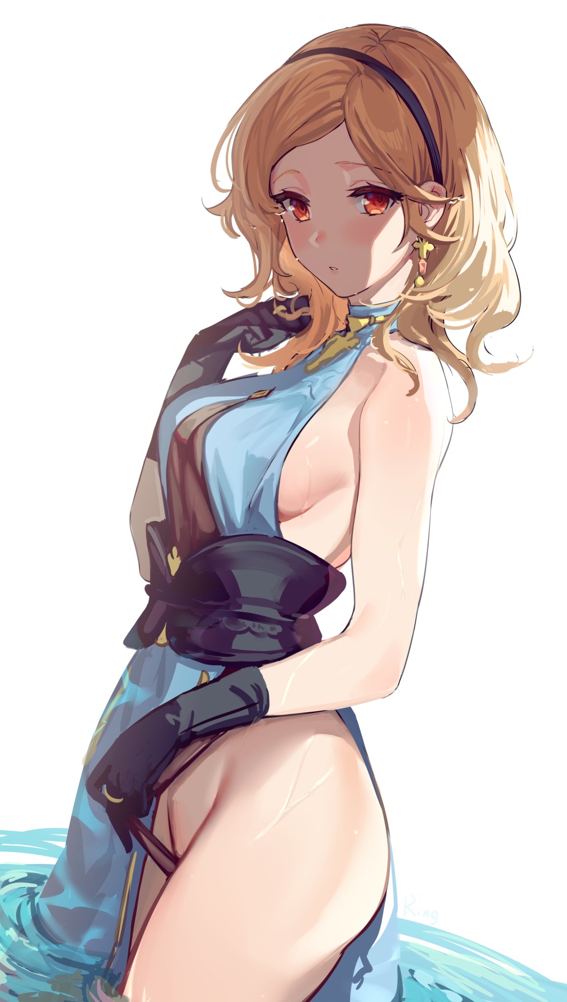 1girl aki663 backless_dress backless_outfit bangs bare_shoulders black_gloves blonde_hair blue_dress breasts clothing_aside cowboy_shot djeeta_(granblue_fantasy) dress dress_aside earrings gloves granblue_fantasy groin hairband halter_dress halterneck hand_up highres jewelry looking_at_viewer medium_breasts medium_hair official_alternate_costume parted_bangs partially_submerged pelvic_curtain red_eyes sideboob solo thighs water
