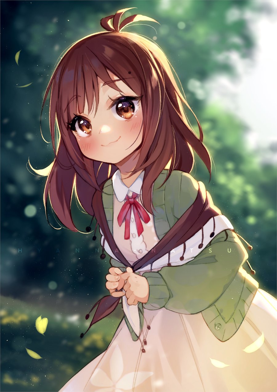 1girl artist_name bangs blurry blurry_background blush bow brown_eyes brown_hair closed_mouth collared_dress commentary day depth_of_field dress english_commentary eyebrows_visible_through_hair green_jacket highres hyanna-natsu indie_virtual_youtuber jacket long_hair open_clothes open_jacket outdoors red_bow shawl smile solo thick_eyebrows virtual_youtuber vyolfers_(vtuber) watermark white_dress