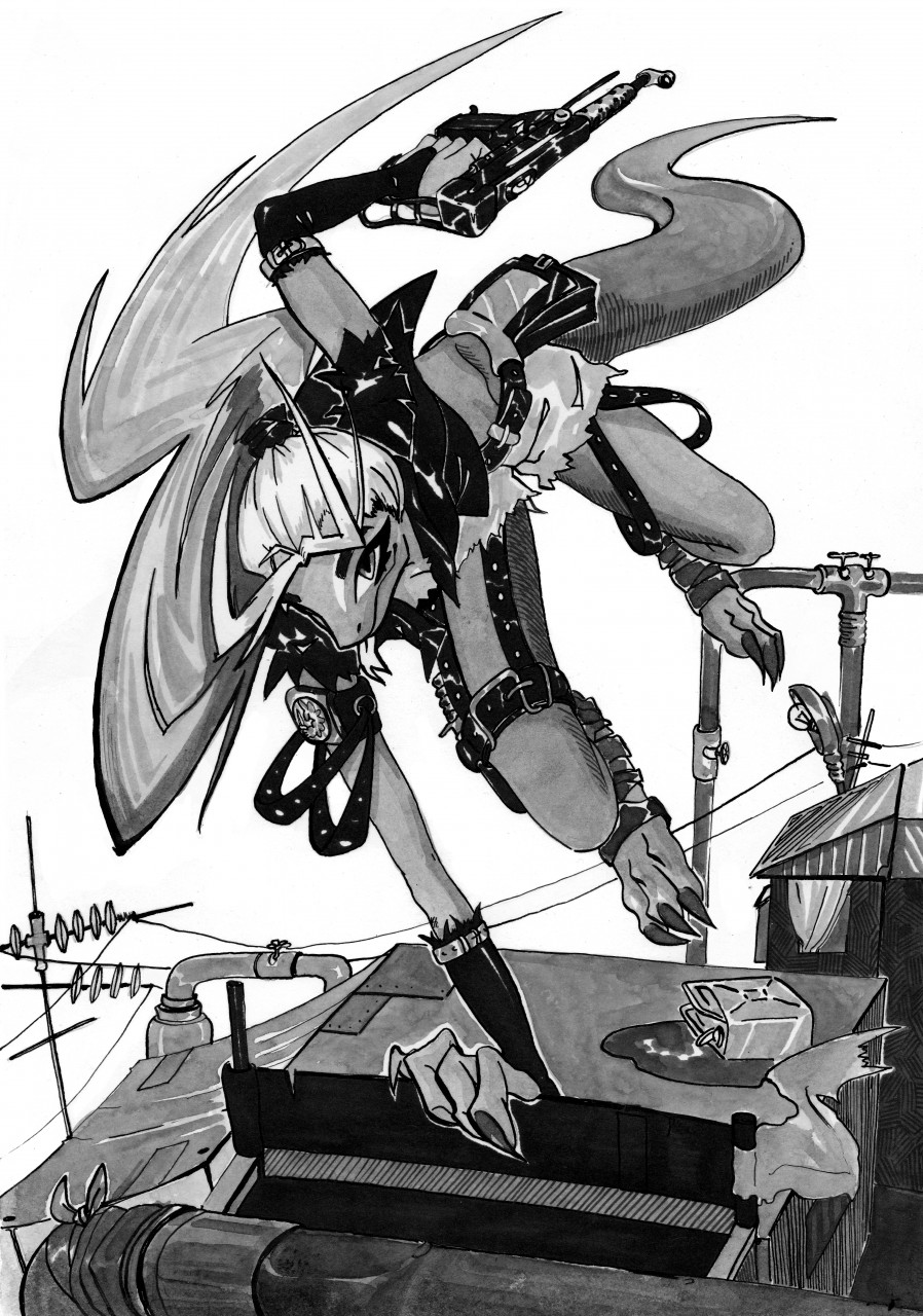 action_pose action_scene aissa alien alien_humanoid anthro clothed clothing dieselpunk elvirarecrud feet female fingers greyscale greyscale_background gun hair handgun hi_res holding_gun holding_object holding_weapon humanoid illustration ink monochrome painting_(artwork) pose ranged_weapon solo traditional_media_(artwork) watercolor_(artwork) weapon