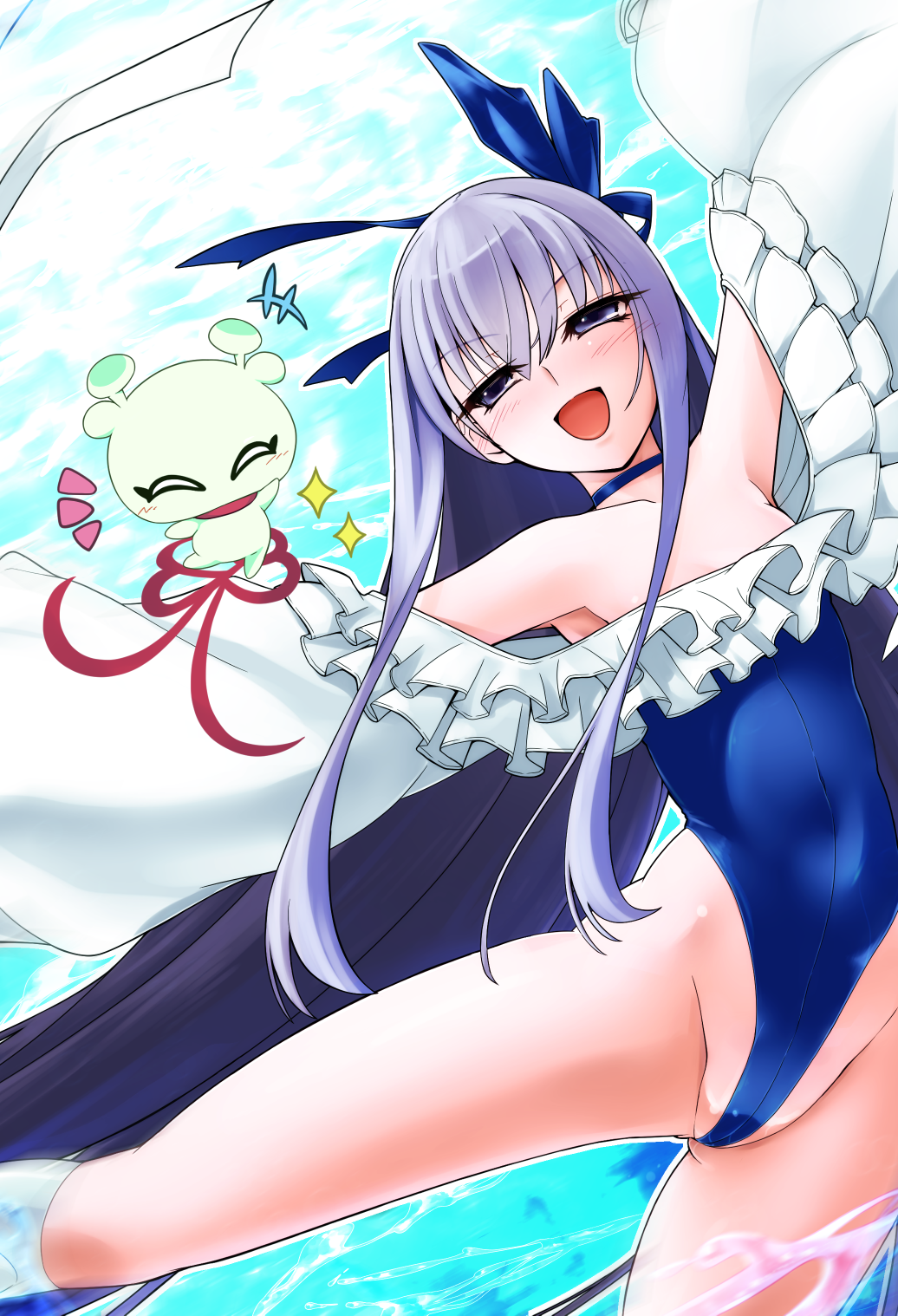 1girl absurdly_long_hair blue_choker blue_ribbon blue_swimsuit breasts choker fate/grand_order fate_(series) frilled_swimsuit frills highleg highleg_swimsuit highres hisame_genta kon_(fate) long_hair meltryllis_(fate) meltryllis_(swimsuit_lancer)_(fate) meltryllis_(swimsuit_lancer)_(second_ascension)_(fate) off-shoulder_one-piece_swimsuit off_shoulder one-piece_swimsuit open_mouth purple_eyes purple_hair ribbon sleeves_past_fingers sleeves_past_wrists small_breasts strapless strapless_swimsuit swimsuit very_long_hair