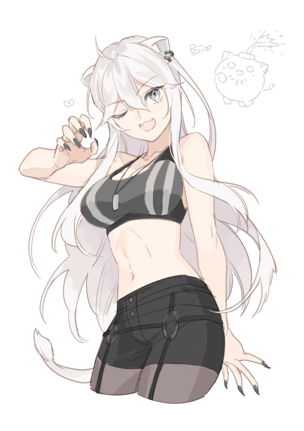 1girl :3 animal_ears arm_at_side bangs bare_shoulders black_nails black_shorts breasts brown_legwear claw_pose cropped_legs dog_tags ear_piercing fingernails grey_eyes grey_hair highres hololive lion_ears lion_girl lion_tail long_hair looking_at_viewer medium_breasts midriff navel one-piece_swimsuit open_mouth otama_(atama_ohanabatake) piercing poi sharp_fingernails shishiro_botan shorts simple_background ssrb swimsuit tail white_background