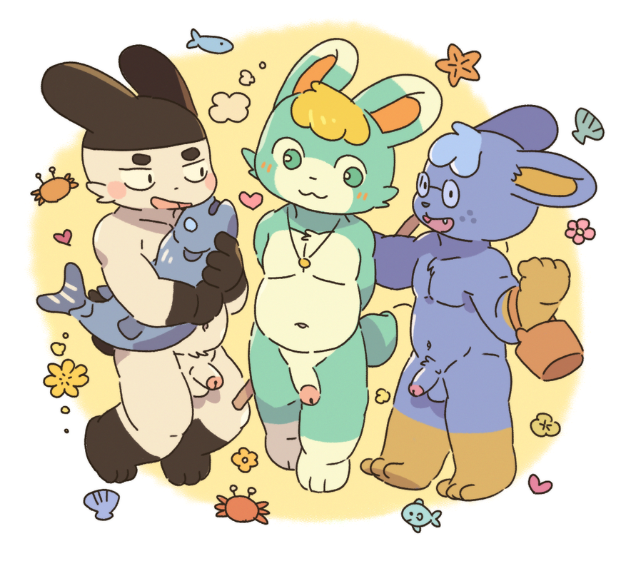 animal_crossing anthro balls blush doc_(animal_crossing) eyewear genitals genji_(animal_crossing) glasses lagomorph leporid male mammal nintendo nude penis rabbit rokuyon sasha_(animal_crossing) video_games