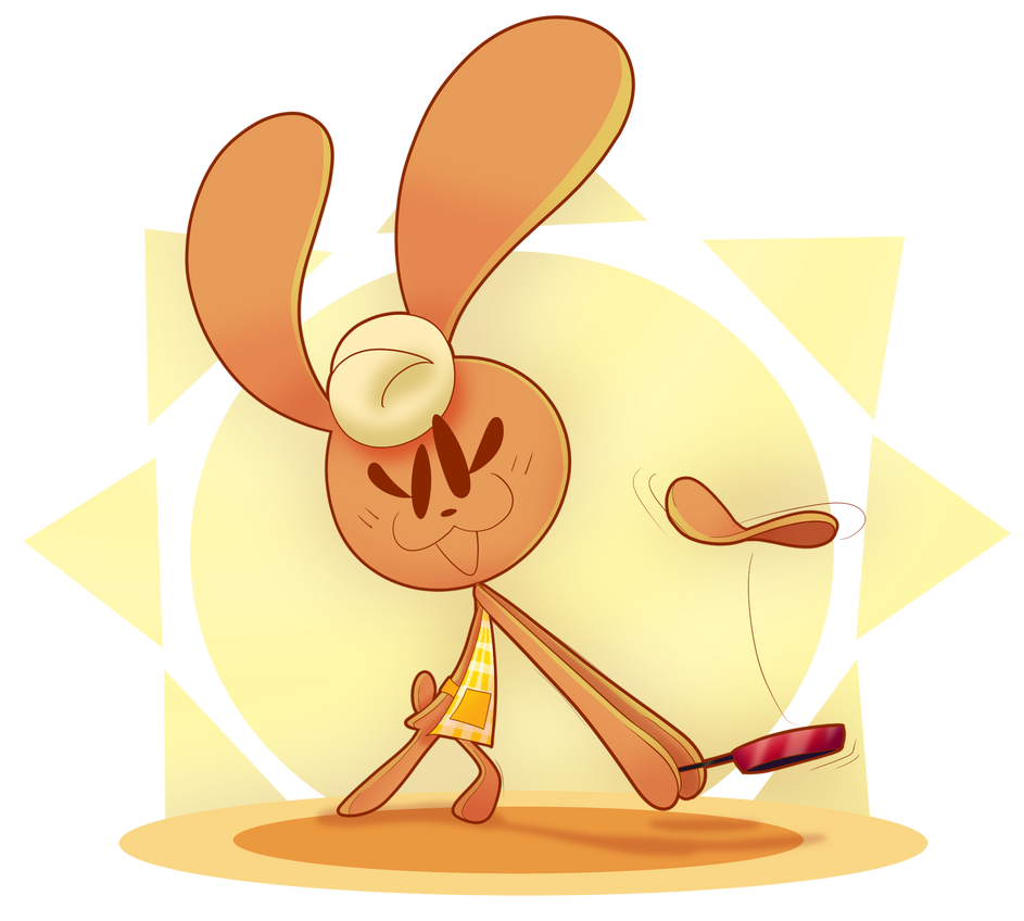 anthro brown_body buncake cookware cream_(food) female food food_creature frying_pan jumping kitchen_utensils lagomorph leporid mammal open_mouth pancake rabbit simple_background simple_eyes solo somefoolfp tools