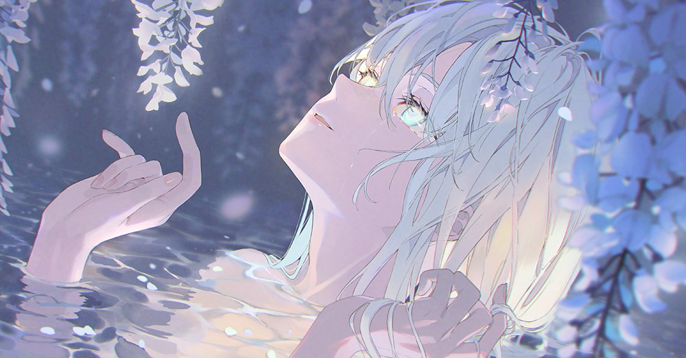 1girl bangs blue_eyes blurry blurry_background check_commentary commentary_request dutch_angle falling_petals glowing glowing_eyes hair_between_eyes hands_up holding holding_hair looking_up medium_hair original partially_submerged petals reia solo upper_body water white_hair