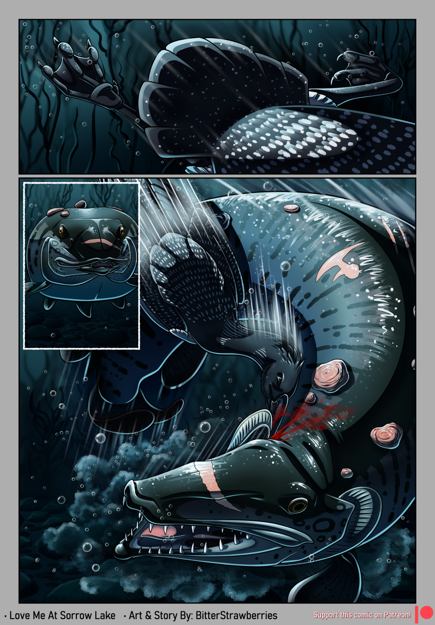 bitterstrawberries blood bodily_fluids comic duo female feral fish hi_res loon marine membrane_(anatomy) open_mouth plant puncture_wound swimming underwater water webbed_feet