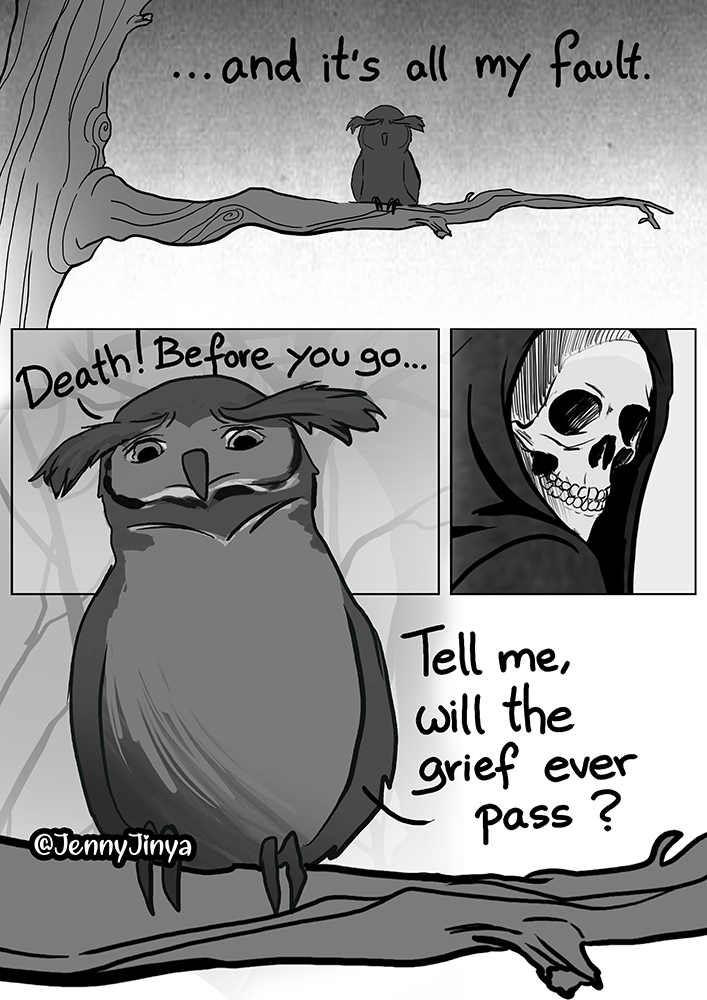 avian beak bird bone cloak clothing death_(personification) english_text female jenny_jinya male owl plant skeleton text tree