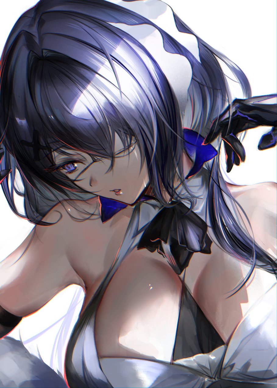 1girl arknights arm_up bare_shoulders between_breasts black_gloves black_hair blue_eyes breasts cleavage eichi elbow_gloves eyepatch gloves hair_intakes hair_ornament hair_over_one_eye highres large_breasts long_hair looking_away looking_down one_eye_covered parted_lips simple_background skindentation sleeveless solo upper_body whisperain_(arknights) white_background x_hair_ornament