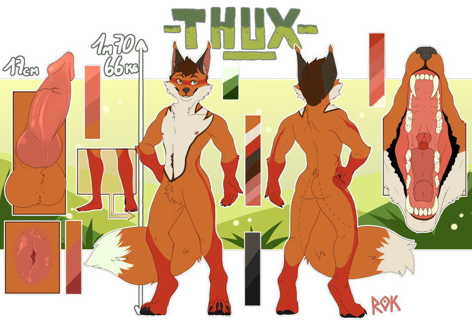 anthro canid canine fox genitals hair male mammal model_sheet open_mouth paws penis pubes solo teeth thux-ei