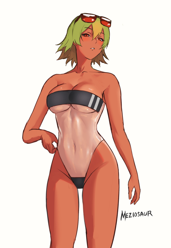 1girl alternate_costume artist_name bangs bare_arms bare_shoulders blush breasts cleavage collarbone commentary covered_navel dark-skinned_female dark_skin eyewear_on_head fire_emblem fire_emblem_heroes gradient gradient_hair green_hair gris_swimsuit highleg highleg_swimsuit laegjarn_(fire_emblem) medium_breasts meme_attire meziosaur multicolored_hair one-piece_swimsuit orange_hair parted_lips see-through short_hair signature simple_background strapless strapless_swimsuit sunglasses swimsuit thighs two-tone_hair white_background