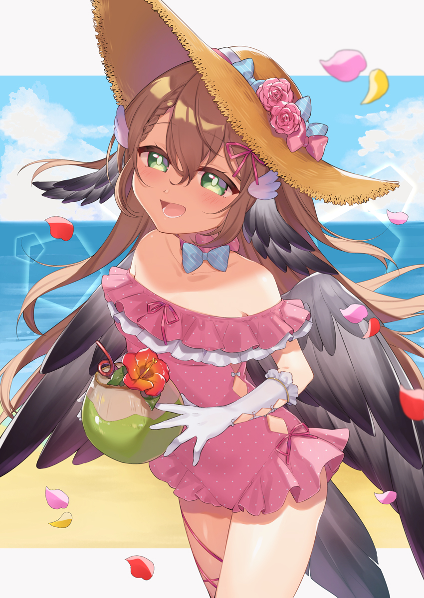 1girl :d animal_ears beach bird_ears bird_tail bird_wings blue_bow blue_sky blush bow choker citron_82 coconut commentary commission cowboy_shot day drinking_straw english_commentary flower gloves green_eyes hat hat_flower highres holding indie_virtual_youtuber looking_at_viewer magpie_(vtuber) off-shoulder_one-piece_swimsuit off_shoulder one-piece_swimsuit outdoors pink_choker pink_flower pink_rose pink_swimsuit red_flower rose skeb_commission sky smile solo standing straw_hat swimsuit tail white_gloves wings