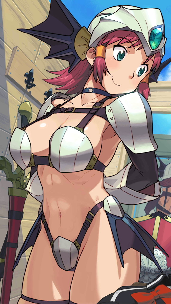 2girls aqua_eyes armor arms_behind_back bangs bikini_armor breasts choker cowboy_shot day eyebrows_visible_through_hair hair_tubes helmet highres ishikawa_hideki large_breasts looking_away medium_hair multiple_girls navel official_art outdoors photoshop_(medium) quiz_magic_academy red_hair ruquia smile solo solo_focus