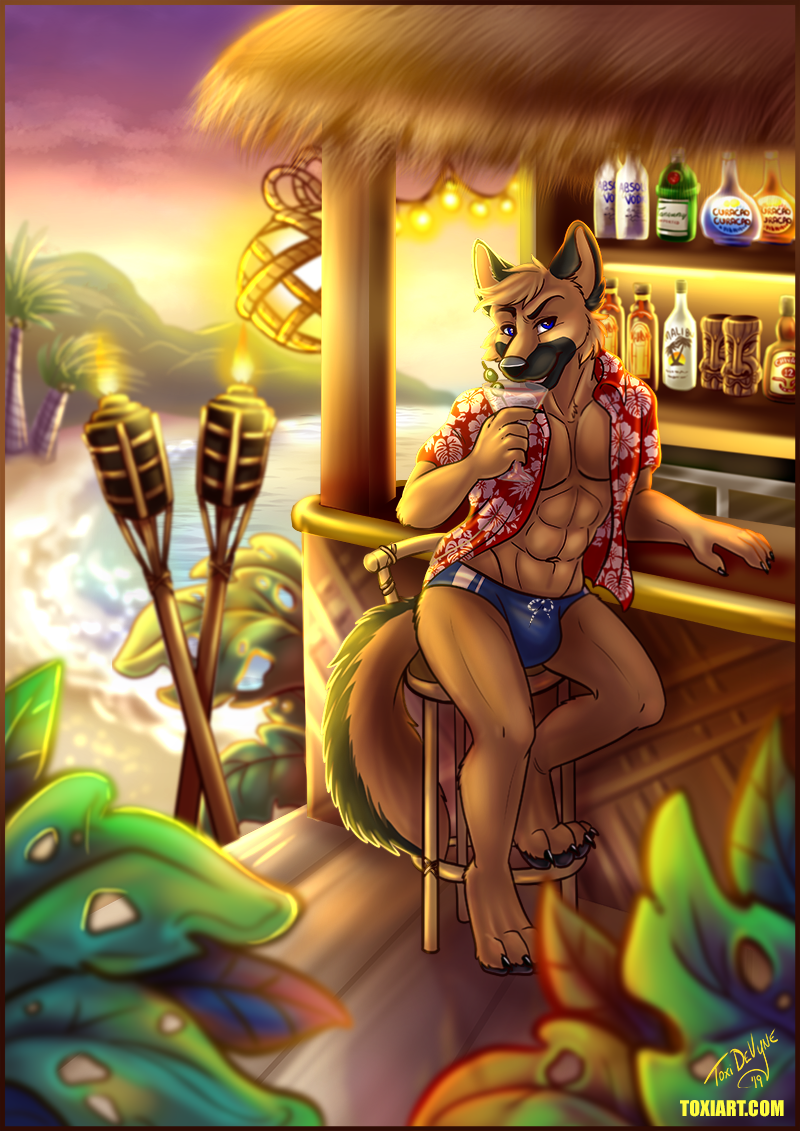 alcohol aloha_shirt anthro beach beverage blue_eyes canid canine canis clothed clothing cocktail cocktail_glass container cup domestic_dog drinking_glass food fruit furniture german_shepherd glass glass_container glass_cup herding_dog male mammal martini olive_(fruit) open_clothing open_shirt open_topwear pastoral_dog pattern_clothing pattern_shirt pattern_topwear plant seaside shirt solo speedo stool swimwear tiki_bar tiki_torch topwear toxi_de_vyne_(artist)