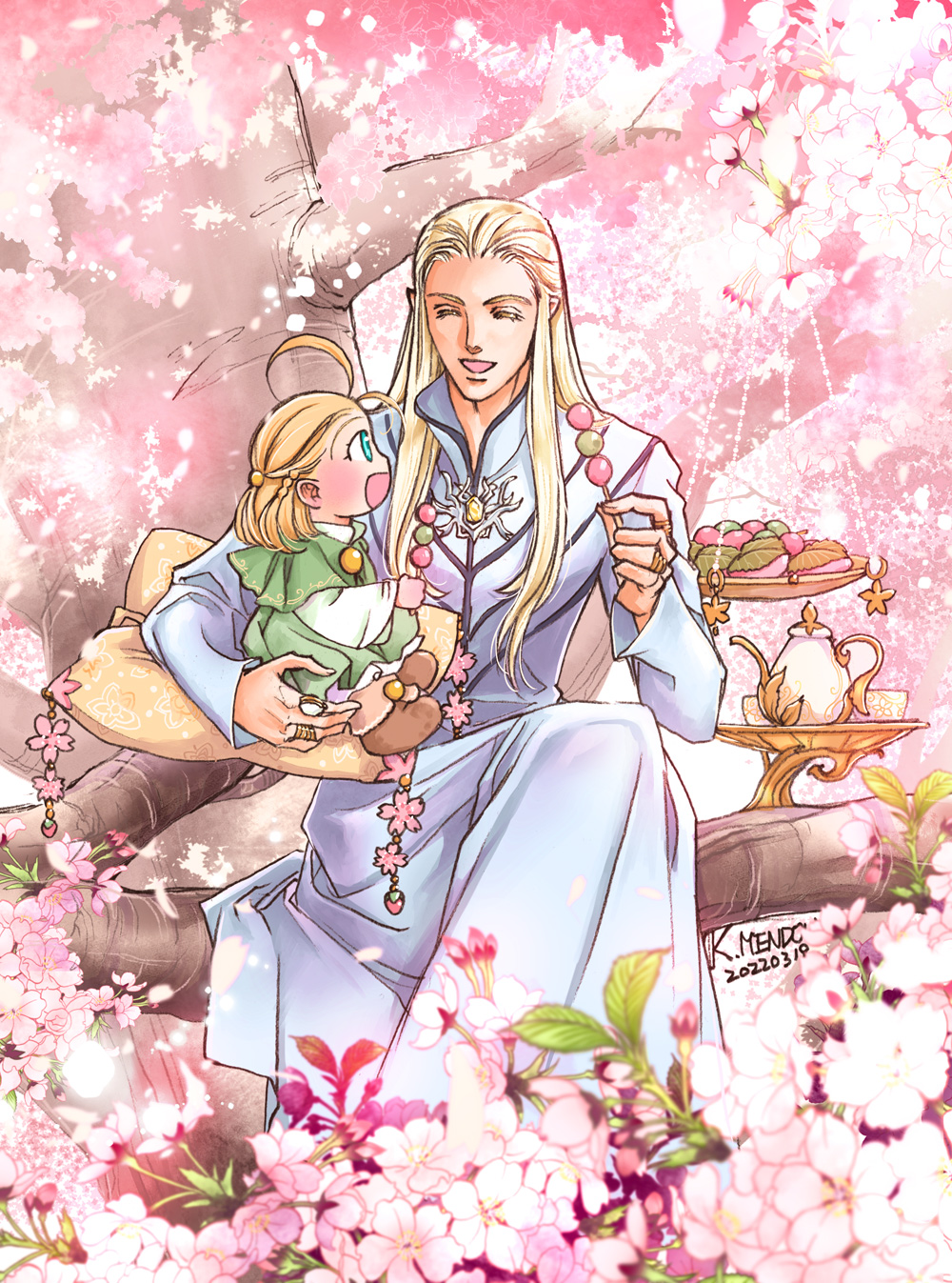 2boys :d antenna_hair blonde_hair blue_eyes blush cherry_blossoms child closed_eyes cup dango dated elf father_and_son food highres jewelry kazuki-mendou legolas long_hair long_sleeves multiple_boys otoko_no_ko pointy_ears ring robe signature sitting smile teacup teapot the_silmarillion thranduil tolkien's_legendarium tree wagashi