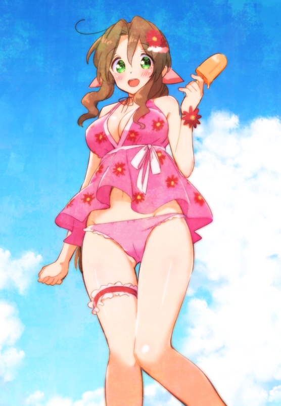 1girl aerith_gainsborough bangs blush bracelet braid braided_ponytail breasts cleavage cloud cloudy_sky eating final_fantasy final_fantasy_vii floral_print flower food garters green_eyes hair_flower hair_ornament hair_ribbon ice_cream jewelry knees_together_feet_apart krudears looking_at_viewer medium_breasts open_mouth parted_bangs pink_shirt ribbon shirt sidelocks sky solo swimsuit teeth upper_teeth wavy_hair