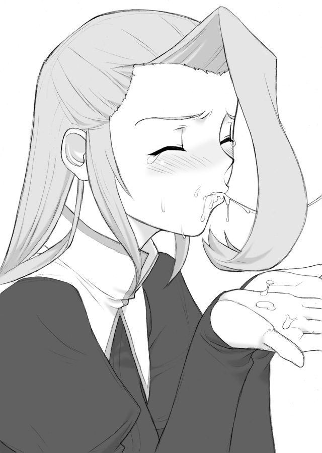 blush closed_eyes cum cum_in_mouth cum_on_body cum_on_upper_body cupping_hands greyscale long_sleeves monochrome rose_anderson shichimenchou simple_background solo_focus solty_rei tears white_background
