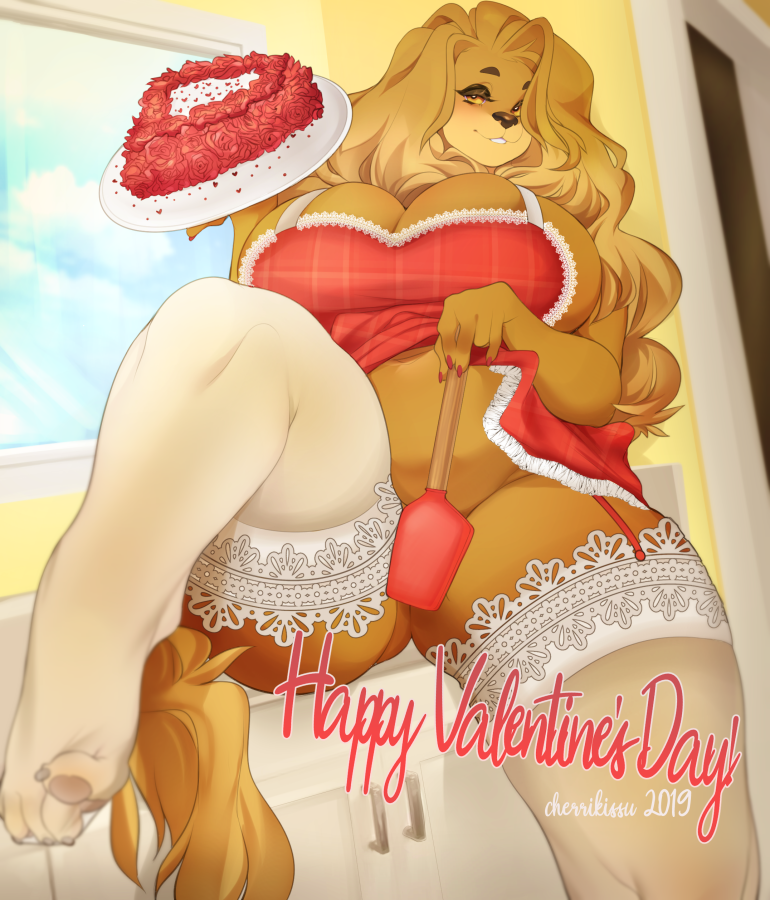 2018 anthro big_breasts breasts canid canine cherrikissu digital_media_(artwork) female holidays looking_at_viewer mabel_(cherrikissu) mammal solo thick_thighs valentine's_day