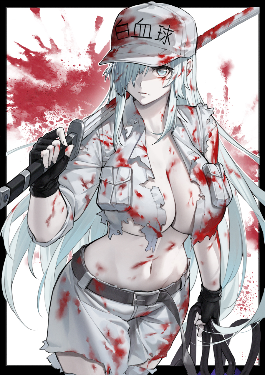 1girl baseball_cap belt black_gloves blood blood_in_hair blood_on_breasts blood_on_clothes blood_on_face breasts cleavage commentary_request cowboy_shot duan_henglong duplicate fingerless_gloves gloves grey_eyes groin hair_over_one_eye hat hataraku_saibou hataraku_saibou_black highres holding large_breasts long_hair looking_at_viewer midriff navel neutrophil no_bra over_shoulder pants pixel-perfect_duplicate shirt sidelocks silver_hair solo standing sword torn_clothes torn_pants torn_shirt u-1196 weapon weapon_over_shoulder white_pants white_uniform