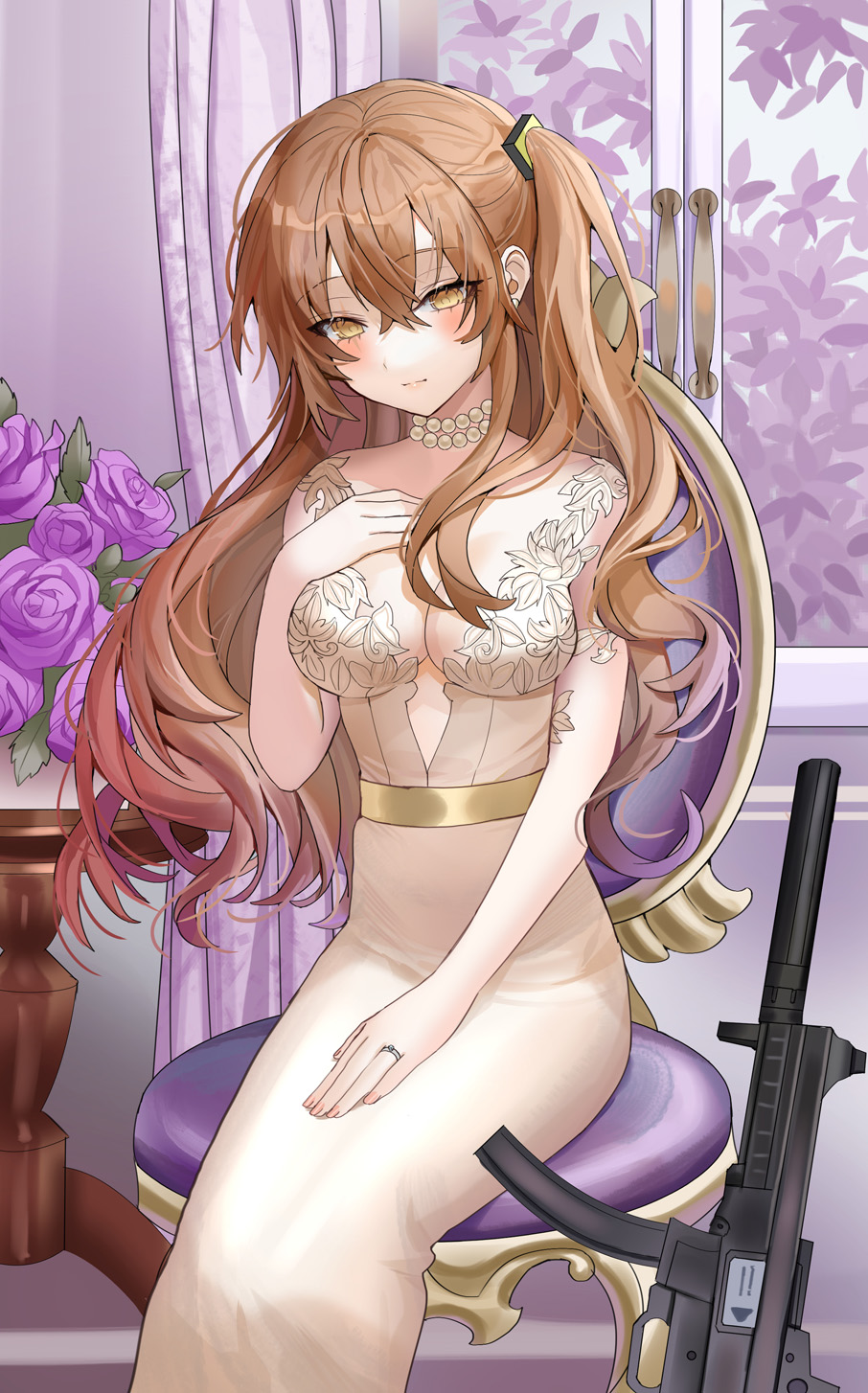 1girl alternate_costume bare_arms bare_shoulders blush brown_dress brown_eyes brown_hair chair closed_mouth commentary commission dress english_commentary flower girls'_frontline h&amp;k_ump9 hand_up highres indoors jewelry lloule long_hair looking_at_viewer necklace object_namesake on_chair one_side_up pearl_necklace pixiv_request purple_flower purple_rose rose sitting sleeveless sleeveless_dress smile solo suppressor ump9_(girls'_frontline) very_long_hair window