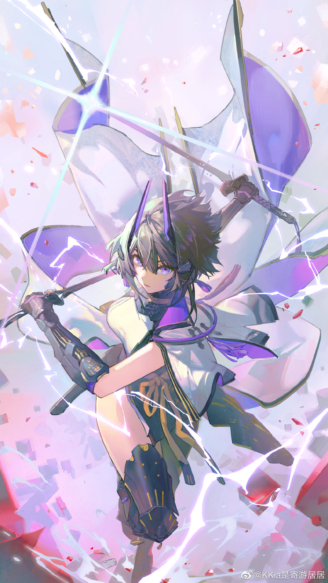 1girl aether_gazer arm_shield arms_up bangs black_hair breasts cloak debris dress full_body hair_between_eyes hair_ornament highres holding holding_weapon horns japanese_clothes kkia leg_armor leg_up light_rays lightning looking_at_viewer mecha_musume medium_breasts open_mouth purple_dress purple_eyes short_hair solo sword thighs third-party_edit third-party_watermark tsukuyomi_(aether_gazer) weapon