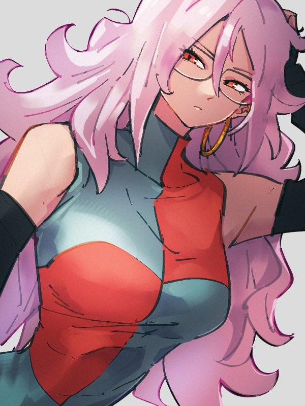 1girl android_21 breasts checkered_clothes checkered_dress colored_skin dragon_ball dragon_ball_fighterz dress glasses grey_background kemachiku majin_android_21 medium_breasts pink_skin simple_background solo upper_body
