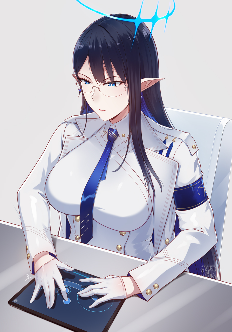 1girl \||/ armband artist_name bangs black_hair blue_archive blue_eyes blue_hair blue_necktie breasts buttons chair closed_mouth collared_jacket collared_shirt commentary_request double-breasted elf eyelashes forehead glasses gloves gold_trim hair_over_shoulder half_gloves halo highres indoors jacket large_breasts long_bangs long_hair multicolored_hair necktie parted_bangs pointy_ears rin_(blue_archive) serious shirt simple_background sitting slit_pupils solo swordwaltz touchscreen two-tone_hair upper_body v-shaped_eyebrows white_background white_gloves white_jacket
