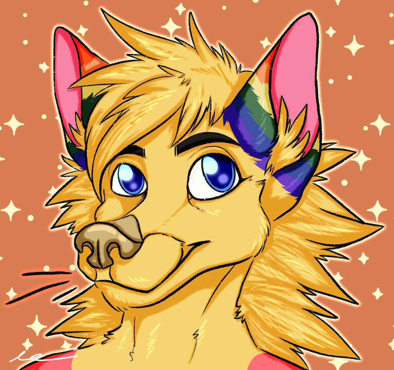 anthro beschmeelzebub blue_eyes canid canine closed_mouth digital_media_(artwork) eyebrows fox fur headshot hi_res inner_ear_fluff male mammal multicolored_ears pink_ears rainbow_ears red_arms red_body red_fur red_kitters shaded simple_shading smile solo star tuft yellow_body yellow_fur
