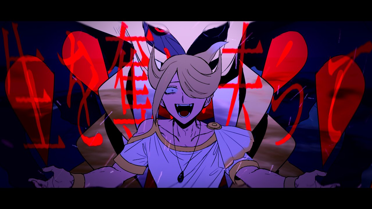 1boy 1other androgynous bags_under_eyes bangs blonde_hair collarbone constricted_pupils crazy_eyes crazy_smile evil_smile fangs fuji_den_fujiko giratina gold_trim hair_over_one_eye jewelry laughing necklace open_clothes orthodoxia_(vocaloid) pokemon pokemon_(game) pokemon_legends:_arceus shaded_face smile solo_focus spoilers swept_bangs teeth volo_(pokemon) white_tunic