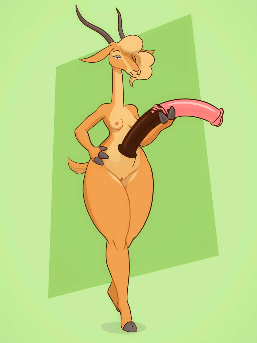 2021 3_fingers animal_dildo animal_sex_toy antelope anthro blonde_hair bovid breasts crayzee609 dildo disney equine_dildo female fingers front_view full-length_portrait fur gazelle gazelle_(zootopia) genitals green_background hair hair_over_eye hi_res holding_dildo holding_object holding_sex_toy hooved_fingers hooves horn mammal nude one_eye_obstructed portrait pussy sex_toy simple_background small_breasts solo standing tan_body tan_fur wide_hips zootopia