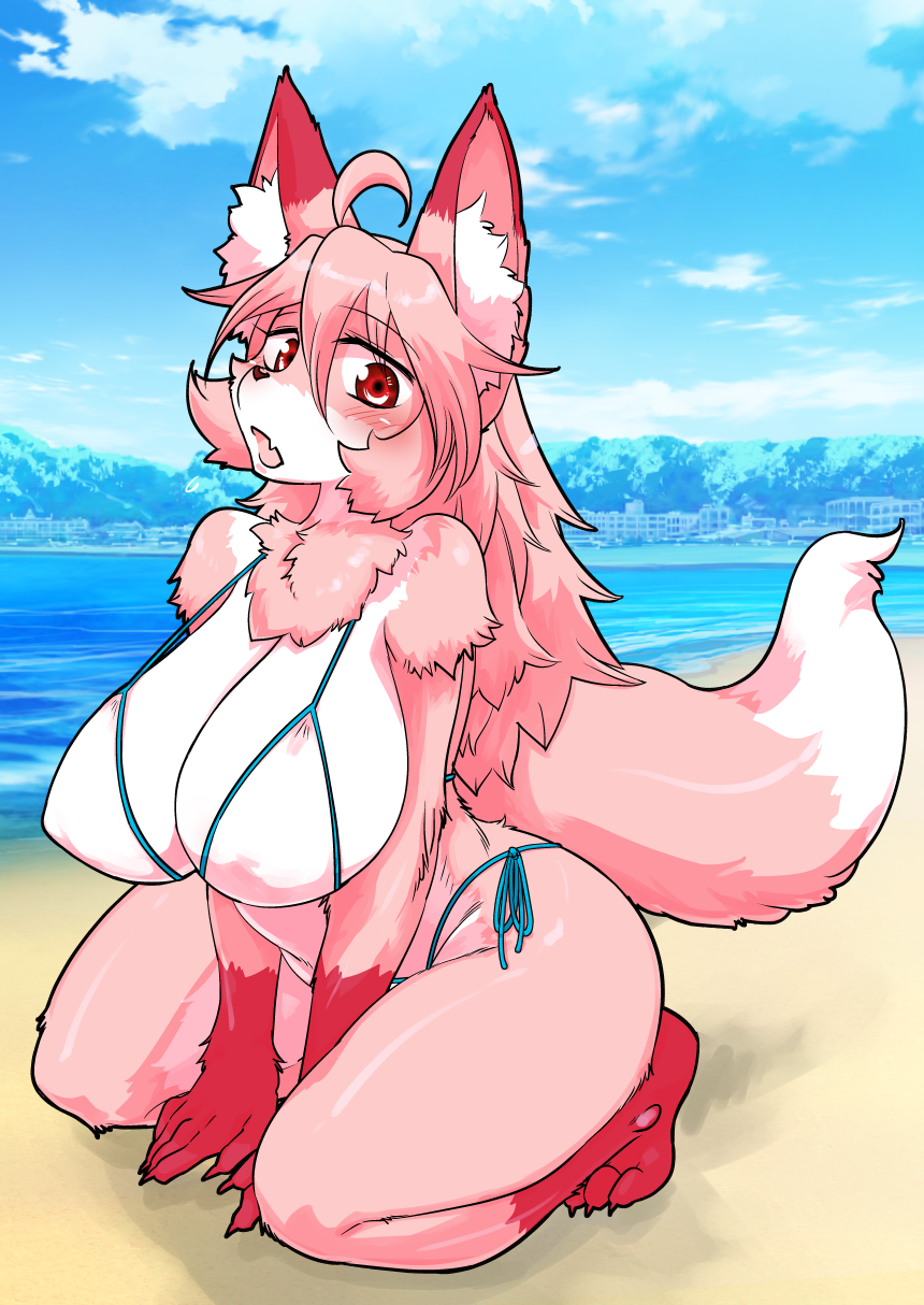 2022 5_fingers ahoge anthro bare_shoulders barefoot beach big_breasts bikini biped blue_sky blush breasts brown_nose canid canine cheek_tuft claws cleavage clothed clothing cloud colored_nails countershade_face countershading cute_fangs day digital_media_(artwork) dipstick_ears dipstick_tail eye_through_hair eyebrow_through_hair eyebrows facial_tuft feet female finger_claws fingers fox full-length_portrait fur gloves_(marking) hair hair_between_eyes hands_between_legs hi_res humanoid_hands inner_ear_fluff kazuhiro kemono kneeling leg_markings light_bikini light_body light_breasts light_countershading light_inner_ear_fluff light_swimwear long_hair mammal markings monotone_breasts monotone_eyes monotone_hair monotone_inner_ear monotone_nails monotone_nose multicolored_ears nails nipple_outline open_mouth outside pink_body pink_ears pink_face pink_feet pink_fur pink_hair pink_hands pink_inner_ear pink_nails pink_tail plantigrade portrait red_eyes sand sea seaside short_snout side-tie_bikini sky socks_(marking) solo swimwear tail_markings toe_claws translucent translucent_hair tuft two_tone_face two_tone_tail water white_bikini white_body white_breasts white_clothing white_countershading white_face white_inner_ear_fluff white_swimwear white_tail white_tail_tip