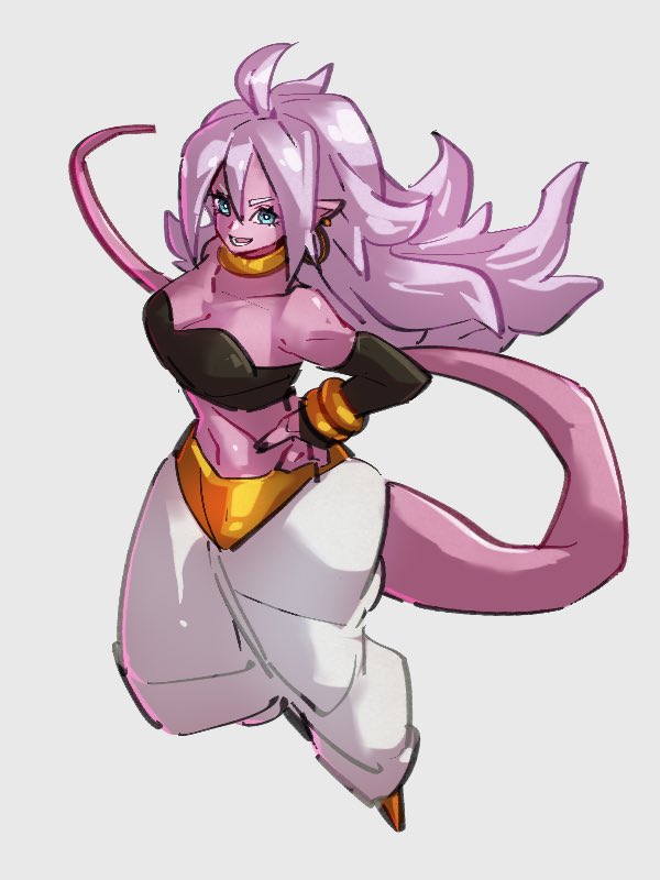 1girl android_21 bare_shoulders blue_eyes breasts cleavage crop_top dragon_ball dragon_ball_fighterz flying full_body glasses grey_background hair_between_eyes hand_on_hip kemachiku long_hair majin_android_21 midriff navel pink_hair simple_background solo