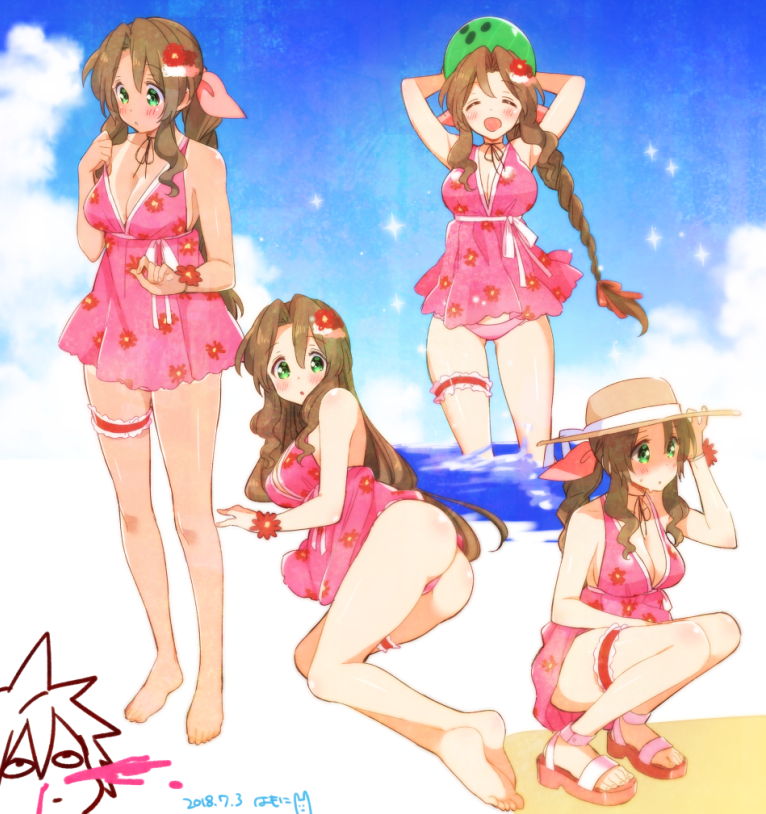 1boy 1girl aerith_gainsborough arms_behind_head ball bangs barefoot beach beachball blood blush bracelet braid braided_ponytail breasts brown_hair chibi choker cleavage closed_eyes cloud cloud_strife cloudy_sky final_fantasy final_fantasy_vii floral_print flower garters green_eyes hair_flower hair_ornament hat jewelry krudears medium_breasts multiple_views nosebleed open_mouth parted_bangs partially_submerged pink_blood pink_swimsuit sabotender sandals sidelocks sky sparkle squatting sun_hat sweatdrop swimsuit tan tanlines