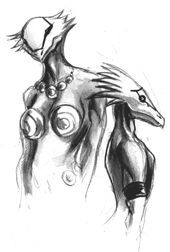 alien armband breast_armor breasts clothed clothing duo female frill_(disambiguation) jewelry low_res male necklace official_art outlaw_star silgrian sketch topless topless_male unknown_artist