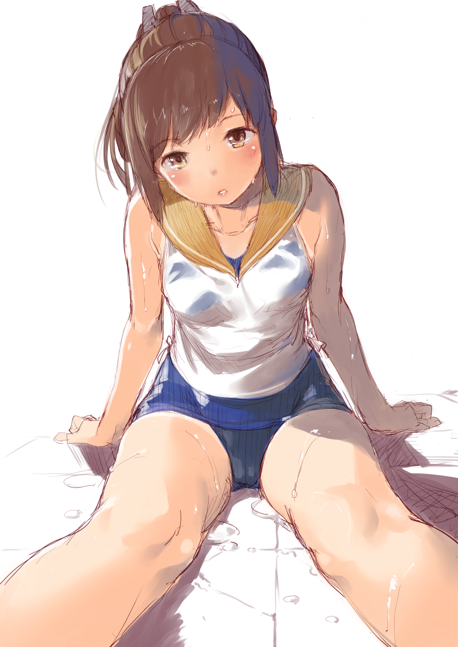 1girl bare_shoulders blue_swimsuit blush brown_eyes brown_hair head_tilt highres i-401_(kancolle) kantai_collection karochii looking_at_viewer one-piece_swimsuit parted_lips ponytail sailor_collar school_swimsuit school_uniform serafuku shirt simple_background sitting sleeveless sleeveless_shirt solo swimsuit swimsuit_under_clothes wet white_background white_shirt yellow_sailor_collar