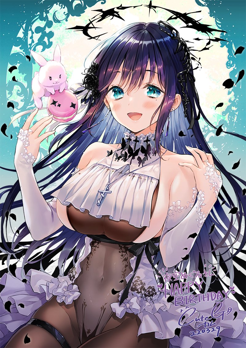 1girl black_hair blush bow breasts bridal_gauntlets bunny character_request commentary_request copyright_request cowboy_shot cross cross_necklace cuteg dated earrings food green_eyes happy_birthday jewelry large_breasts leotard long_hair looking_at_viewer macaron necklace open_mouth pantyhose sidelocks signature solo white_bow